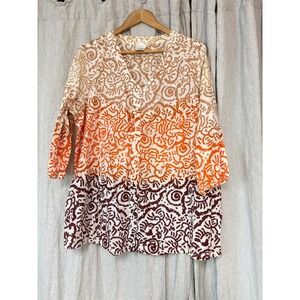 Boho Ombre Batik Button Front Tunic Top Orange Burgundy 3X Plus Size 3/4 Sleeve